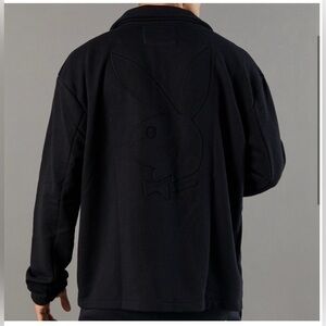 🐰PLAYBOY ALL BLACK EMBOSSED FLEECE VARSITY BOMBER JACKET
